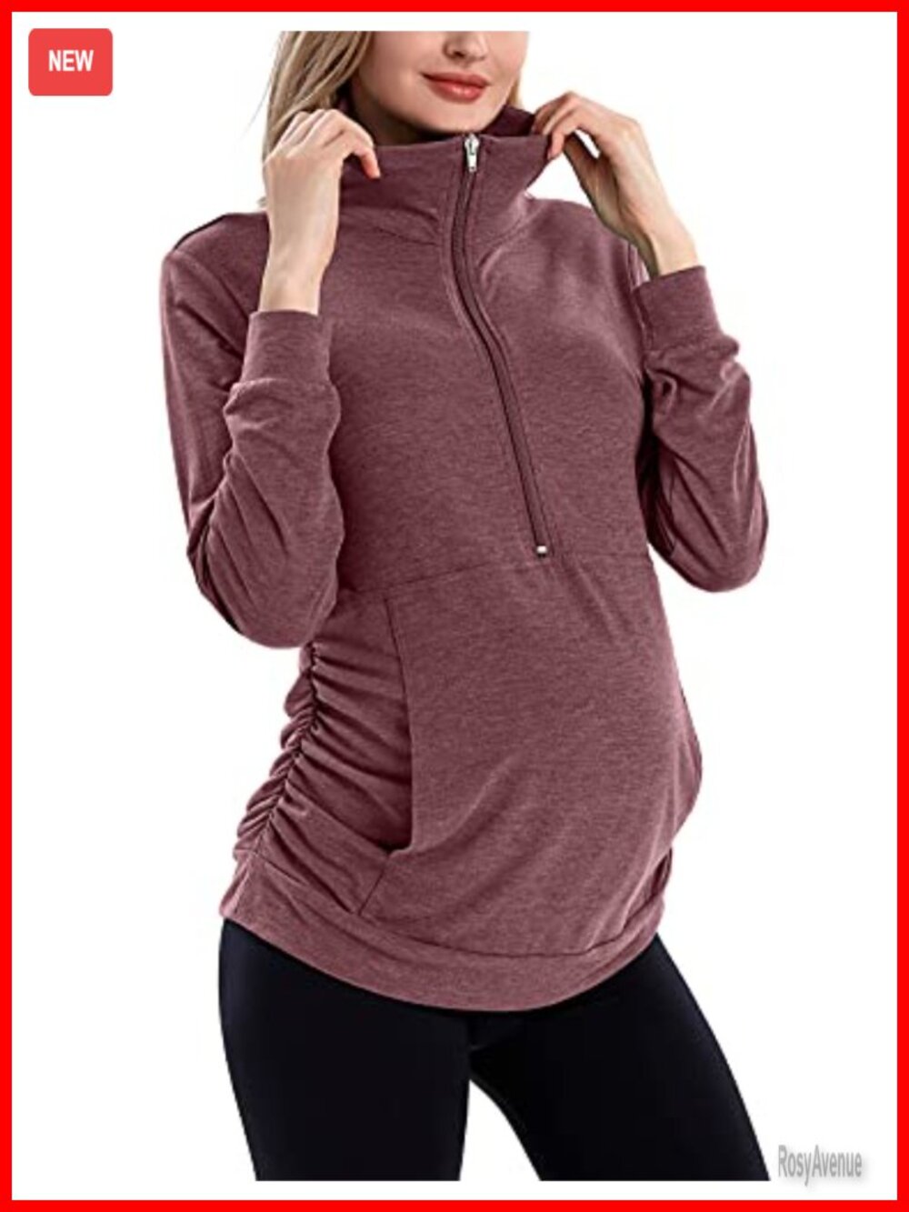 Maternity Long Sleeve Half Zip Pullover with Kangaroo Pocket